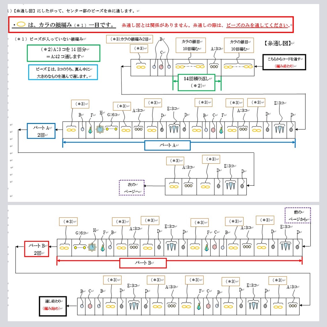 サターンスターのネックレスの糸通し図